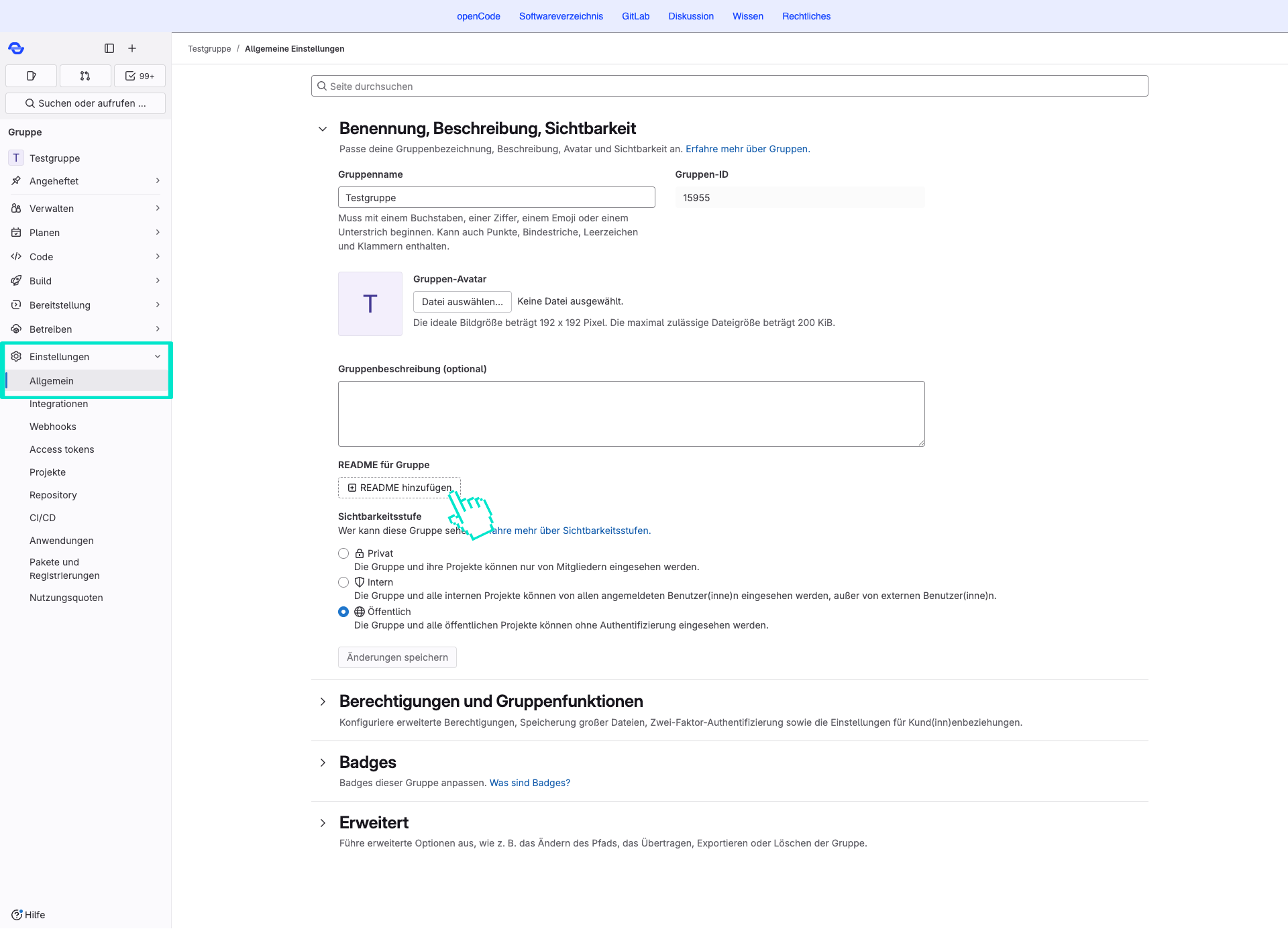 "Screenshot dazu, wie man eine README-Datei zu einer Gruppe hinzufügt"